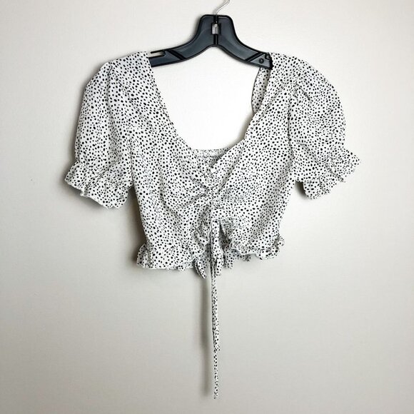 Shein Polka Dot Ruched Puff Sleeve Drawstring Crop Top Small - Picture 1 of 5